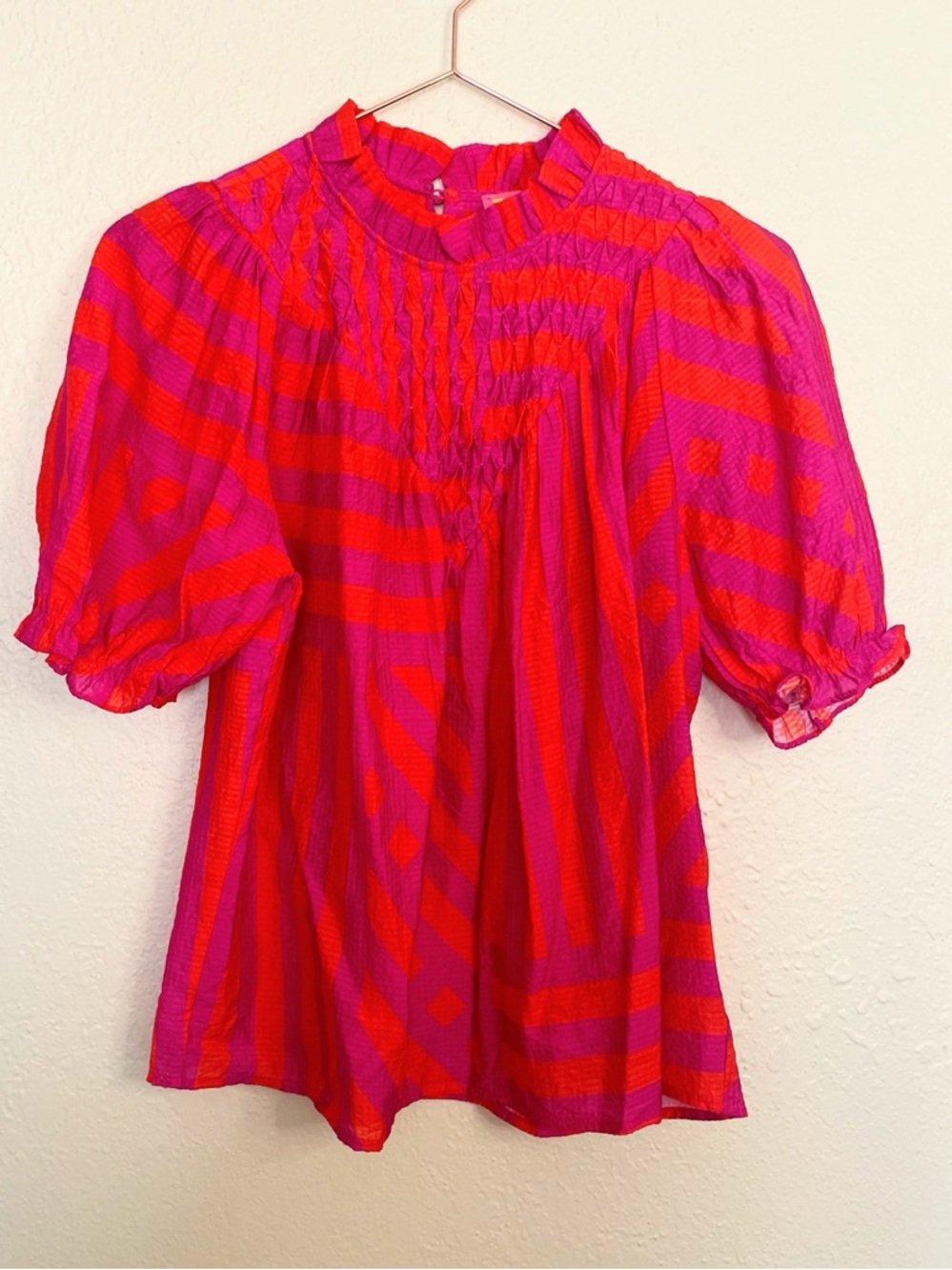 THML Pink Red Geometric Smocked Puff Sleeve Top Statement Boho Small